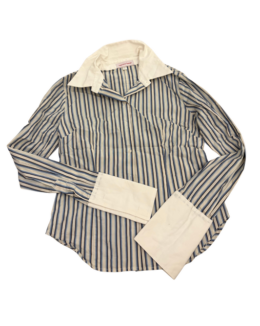Blue and white striped button up top